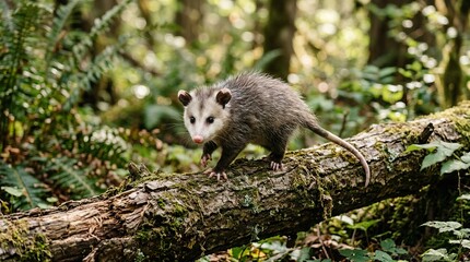 Obraz premium Small opossum cautiously exploring a moss-covered fallen tree trunk in forest.