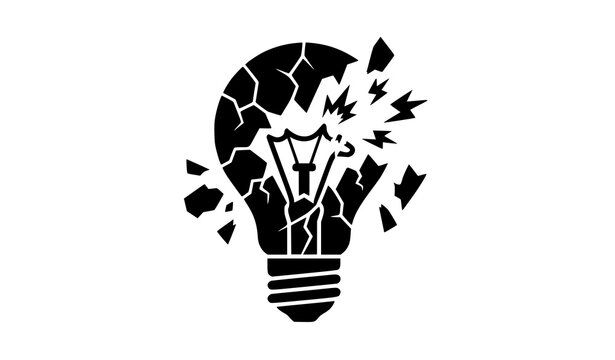 Broken Light Bulb with Sparks Black Silhouette Failed Idea Vector Icon