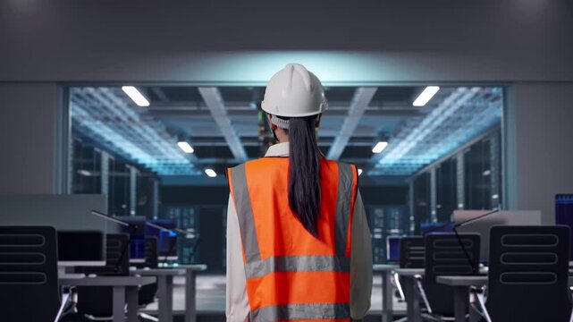 Back of Asian Female Engineer Walking at Futuristic Quantum Computer Data Center Control Room