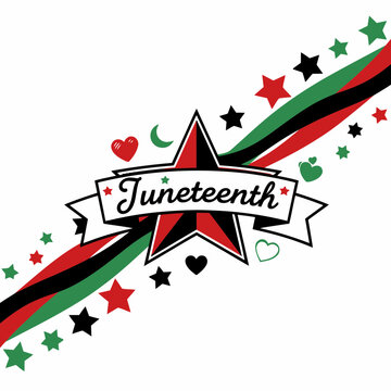 Juneteenth celebration design featuring a festive star and ribbon banner in red black and green colors on a clean white background for holiday graphics