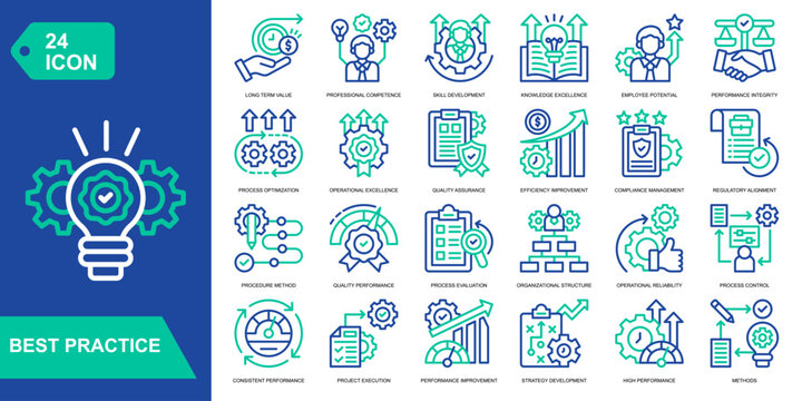 best practice icon collection set. Long Term Value,Professional Competence,Skill Development,Knowledge Excellence. Line Color vector icons