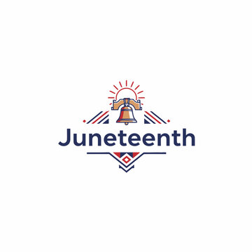 Minimalist juneteenth celebration emblem featuring a stylized bell icon and geometric decorative elements on a clean white background for festive design projects