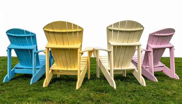 On grass, pastel Adirondack chairs align cheerfully, symbolizing leisure, symmetry, and relaxation.