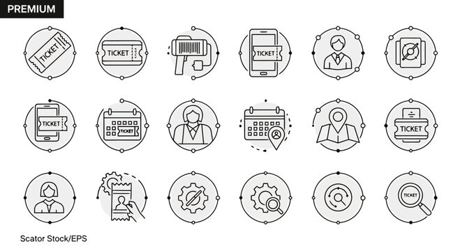 Set of line icons for ticket and reservation systems in modern flat style.