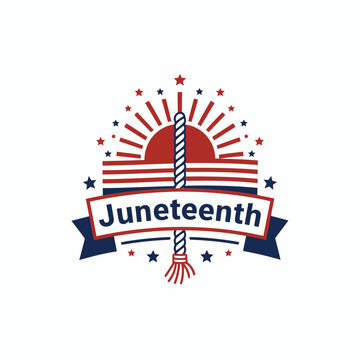Juneteenth celebration emblem featuring a vertical rope and sunburst design set against a clean minimalist white background for holiday commemoration graphics