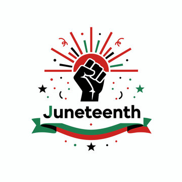 Juneteenth celebration emblem featuring a raised fist symbolizing freedom and equality with festive ribbon and confetti elements on a clean white background