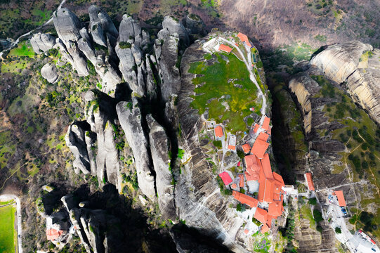 Top Down Aerial View of Meteora Monasteries in Greece