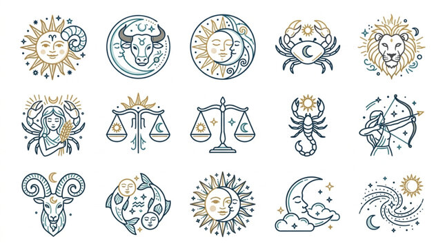 Twelve Zodiac Signs Illustrated in Intricate Line Art Style.