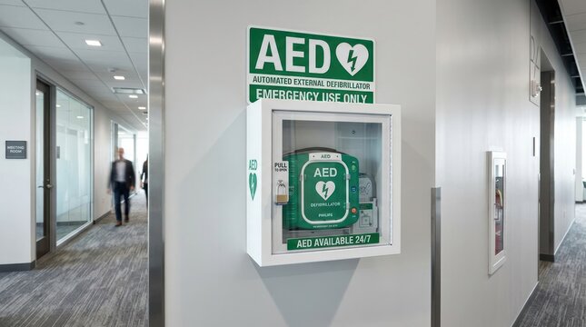 Automated external defibrillator mounted on wall