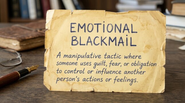 Emotional Blackmail Note on Wooden Desk with Office Supplies.