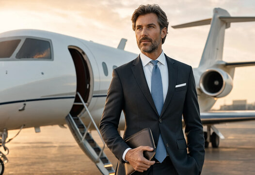 Suited aviation executive stands on a sunny tarmac with a sleek white private jet behind, with its boarding stairs lowered, evoking luxury travel, corporate success, and global business logistics