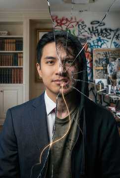 A man&rsquo;s face is split by a jagged glass crack, revealing two contrasting lives. One side shows a polished professional in a suit, the other, a distressed figure in a hoodie. Powerful internal duality