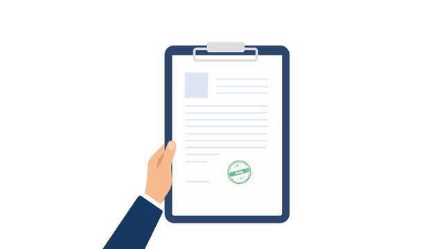 Paid stamp applied to a business document on a clipboard, ideal for invoice payment, accounting, finance, billing, bookkeeping, office paperwork, and corporate workflow animations.