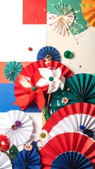Obraz premium Colorful Paper Fans and Pinwheels Festive Decoration Composition.