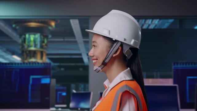 Side View of Asian Female Engineer Walking at Futuristic Quantum Computer Data Center Control Room