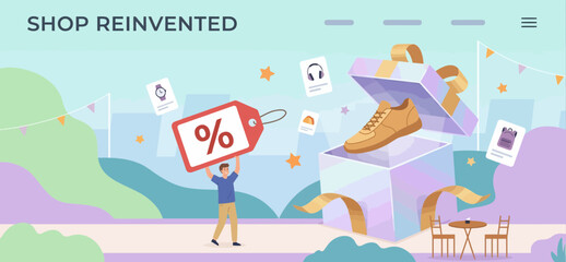 Naklejka premium A big shop sale with man and gift box for web site with shoe and bag