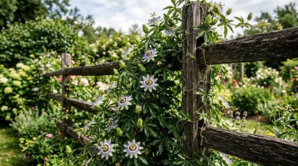 Obraz premium Wildflowers blooming along an old wooden fence in a rural landscape.