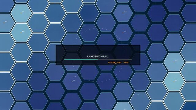Futuristic hexagonal data grid with dynamic processing interface, vibrant blue technology network and system loading progress bar, cinematic digital transformation, symbolizing artificial