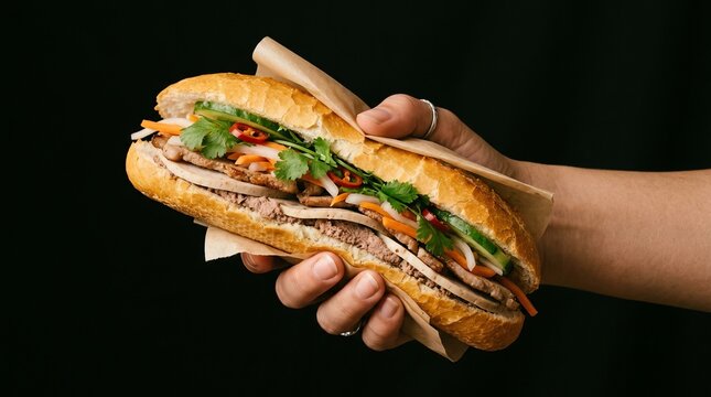 Hand holding a large overstuffed deli sandwich with fresh vegetables and meat.