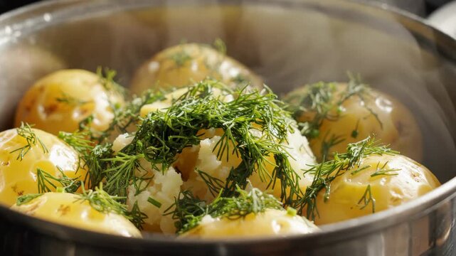 Steaming Hot New Potatoes with Fresh Dill in a Pot, Ready to Serve.