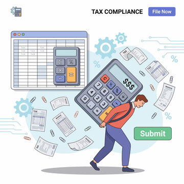 Tax compliance man carrying giant calculator and spreadsheet for annual financial audit return and accounting filing system