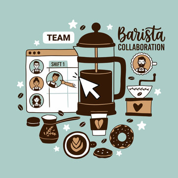 Barista Team Management Collaboration Staff Shift Planning Coffee Shop Work Digital App Web Layout Design Vector