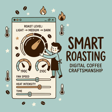 Smart Digital Coffee Roasting Dashboard App Interface featuring Professional Barista Character for Modern Specialty Coffee Production Management