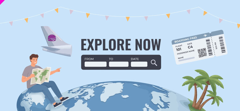 Man on globe map ticket web travel hero banner go now trip fly fast up