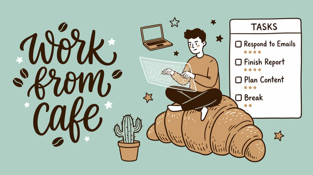 Flat vector illustration of a man sitting on a giant croissant working on his laptop in a cafe