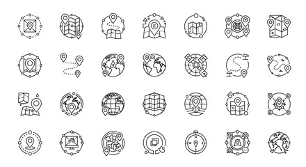 Collection of geographic mapping and global location icons. © BrandUp