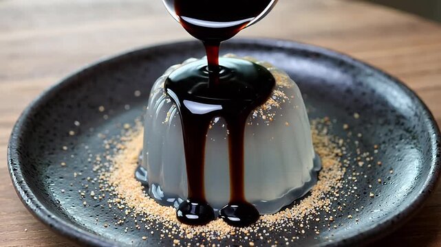 Delicate Raindrop Cake with Black Sugar Syrup Drizzle