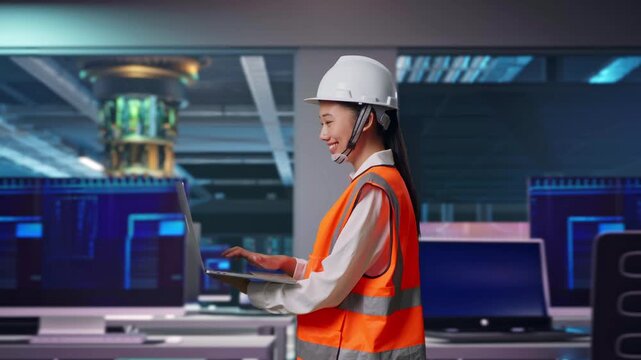 Side View of Asian Female Engineer Use Computer While Walking at Futuristic Quantum Computer Data Center Control Room