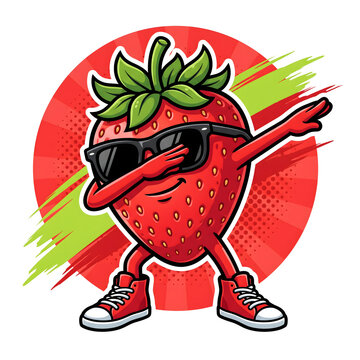 Cartoon strawberry character wearing sunglasses dabbing in front of a circular red
