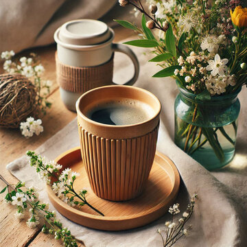 Coffee cup with latte art next to fresh flowers on a table with fabric cloth in a cozy setting in the morning. Generative AI
