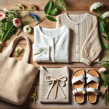 Casual clothing and accessories arranged on wooden surface with flowers and sandals .Generative AI