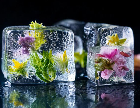 Flower-filled ice cubes. Generative AI