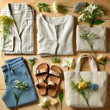 Casual clothing and accessories arranged on wooden surface with flowers and sandals .Generative AI