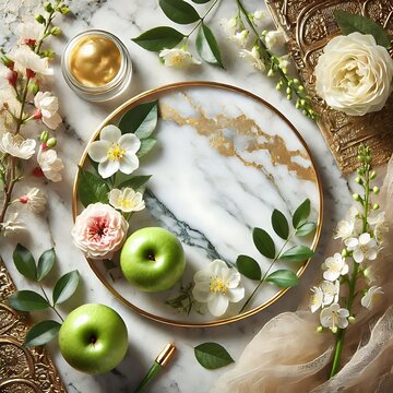 Decorative plate with fruits and flowers arranged on a marble surface in a bright setting .Generative AI
