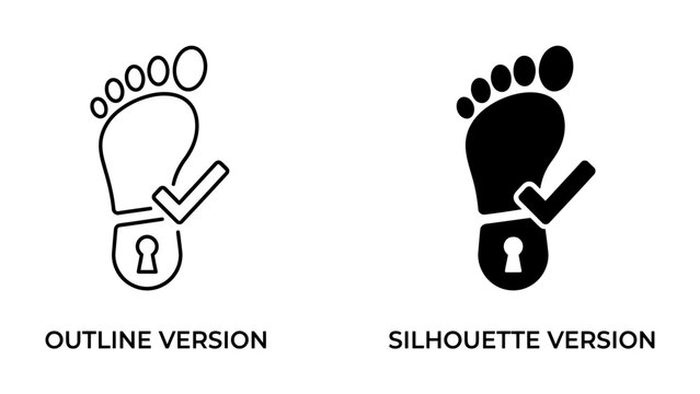 Footprint Security Icons: A set of two icons, one outlined and one in silhouette, both depicting a footprint with a checkmark and a lock, symbolizing security and verification.