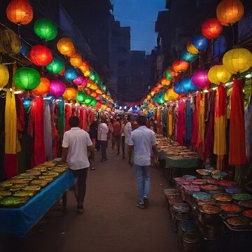 Vibrant Night Market Street With Colorful Lanterns, Stalls, And Shoppers In City.Generative AI