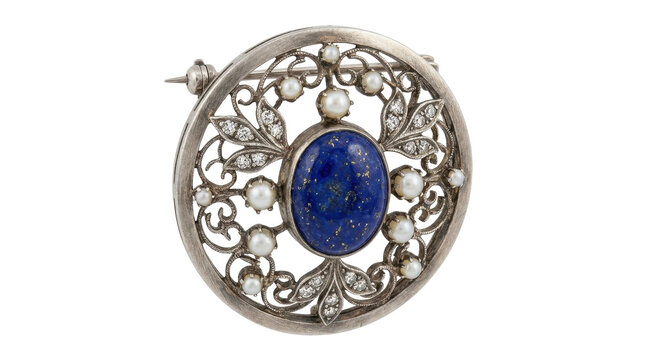Antique Brooch with Lapis Lazuli: An exquisite antique silver brooch featuring a vibrant lapis lazuli gemstone at its center, surrounded by delicate pearls and sparkling diamond accents.