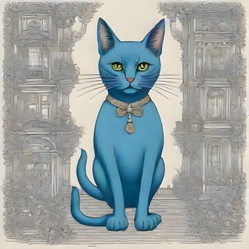 Blue cat sits in front of a detailed background with buildings and floral patterns showing artistic style and creativity .Generative AI