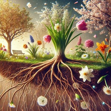 Flowers and trees grow above a floating ground with vibrant roots and blossoms in a dreamlike garden setting. Generative AI