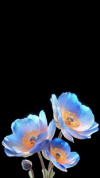 Blue flower gently moving on an empty black background, vertical video featuring elegant floral motion, glowing petals and a dramatic botanical display