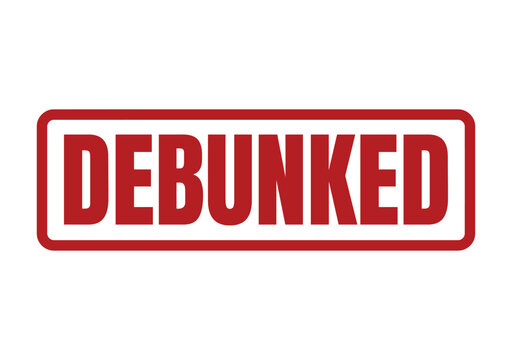 Red rectangular rubber stamp mark with the bold word debunked written in center block lettering