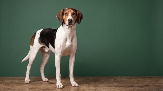 Portrait of a tricolor Treeing Walker Coonhound standing on a wooden floor against a dark green studio background