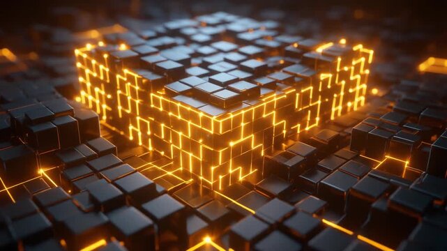 Glowing orange cube network of dark blocks, symbolizing digital connectivity, data processing, and futuristic technology.