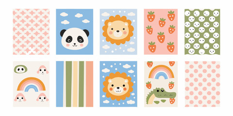 adorable pastel colored nursery wall art collection featuring cute animals and patterns panda lion crocodile strawberries stripes dots rainbow faces © Apurba