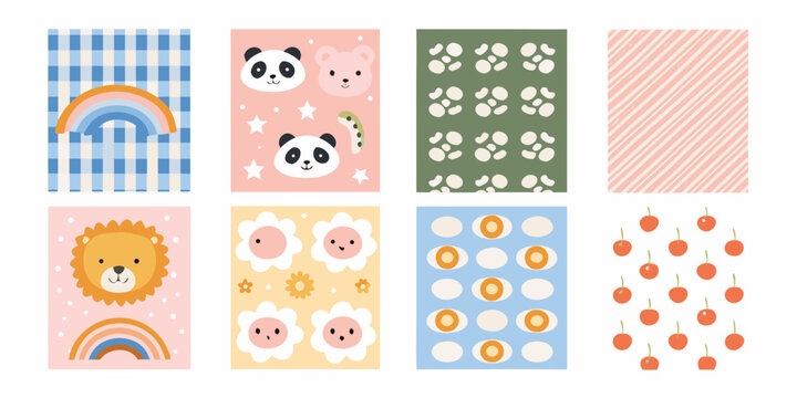 pastel colored nursery wall art collection featuring cute animals and patterns panda lion flowers cherries rainbow stripes dots paws vector