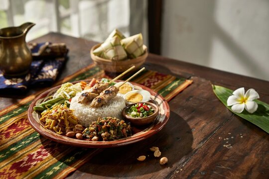 A delightful Indonesian nasi campur rice dish served on a round plate with satay chicken, hard boiled eggs, and fresh vegetables.